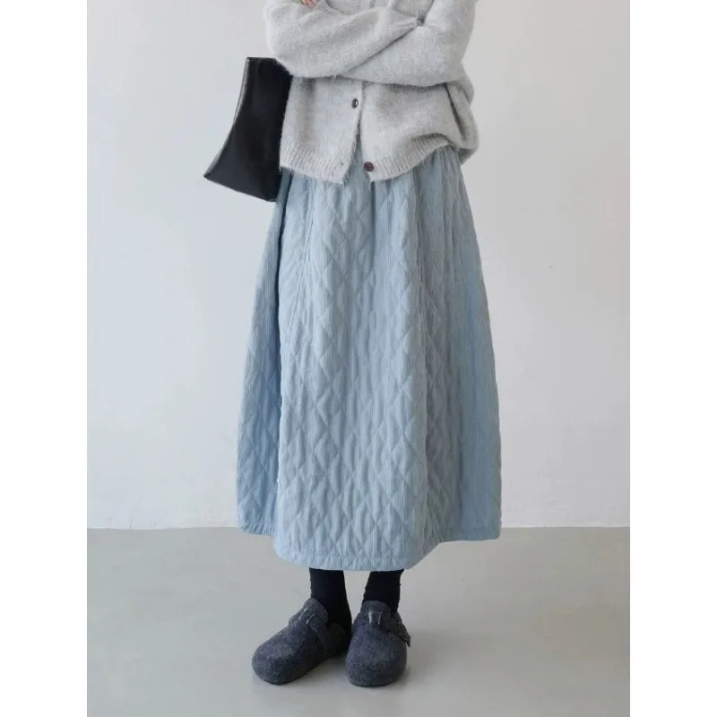 Elastic Waist Corduroy Quilted Midi Skirt Women Vintage A Line Bloom Long Skirt Casual Loose Fall Winter Skirt