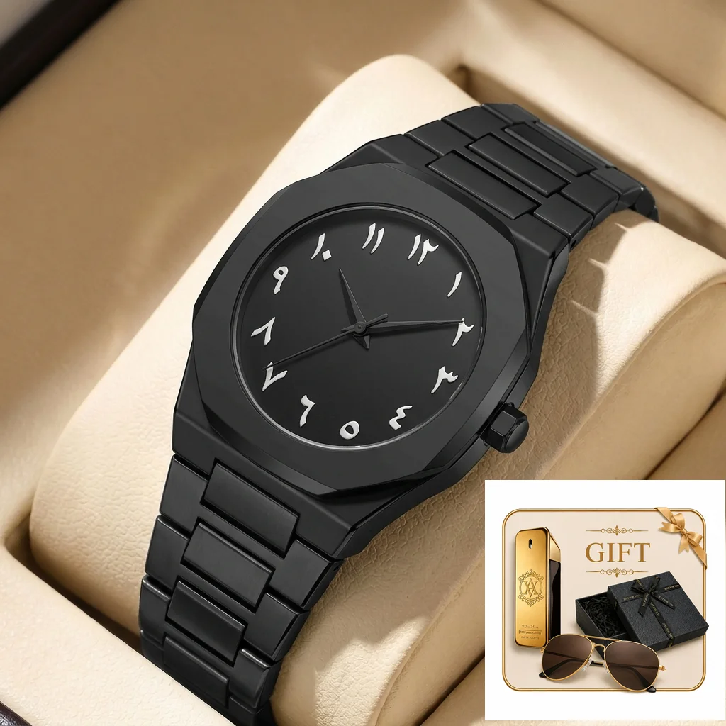 4pcs Men's Black Metal Sleek Modern Stylized Numerals Quartz Watch Gift Set with Sunglasses & Perfume, Daily Wear, Birthday