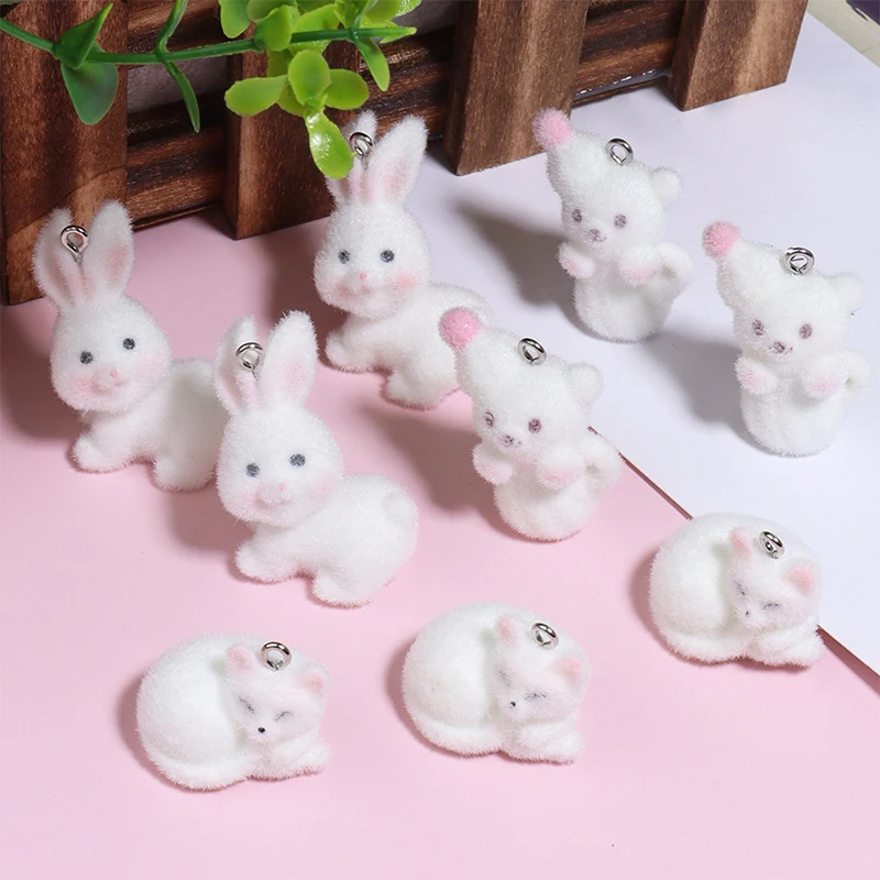 Cute Flocking Rabbit Keychain Pendant Kawaii 3D Plush Animal Lovers Mobile Phone Pendant Bag Charm Backpack Decorative Gift