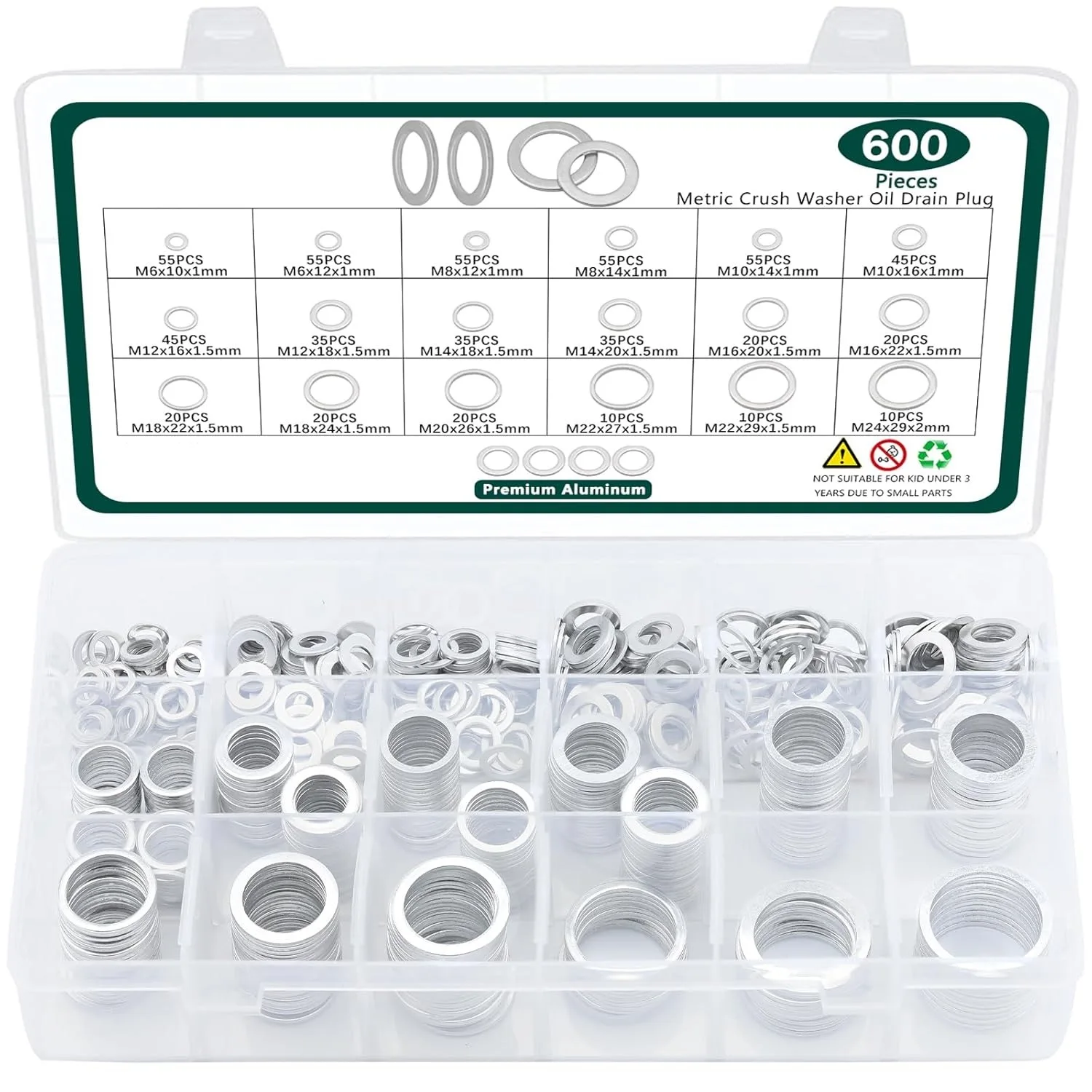 600Pcs 18 Sizes Drain Plug Gasket Assortment Kit Oil Pressure Washer Aluminum Crush Washer Set