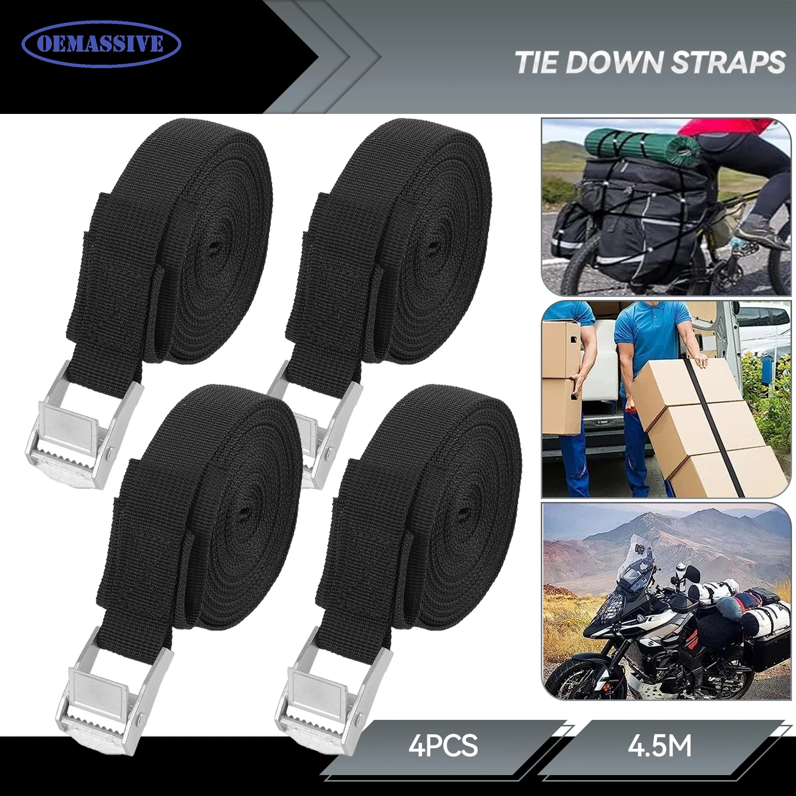 4PCS 4.5m X 25mm Heavy Duty Lashing Straps Cargo Luggage Tie Down Cam Buckle Roof Rack Motorcycle Bike Car Kayak Surfboards Tool