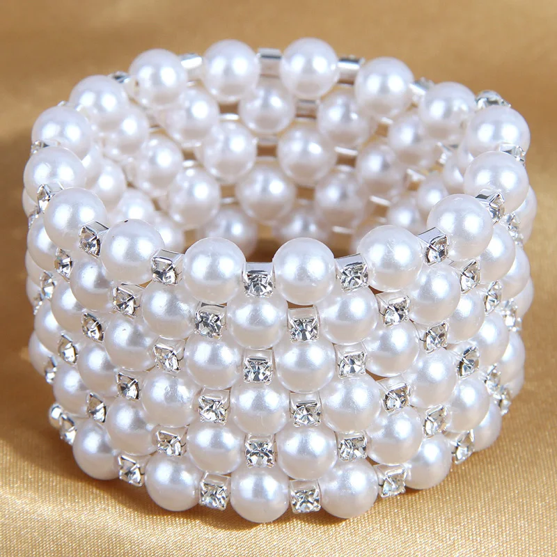 Multi Layers Handmade Elastic Crystal Pearl Bracelets Wide Pearl Bracelet For Women Wedding Jewelry Gift