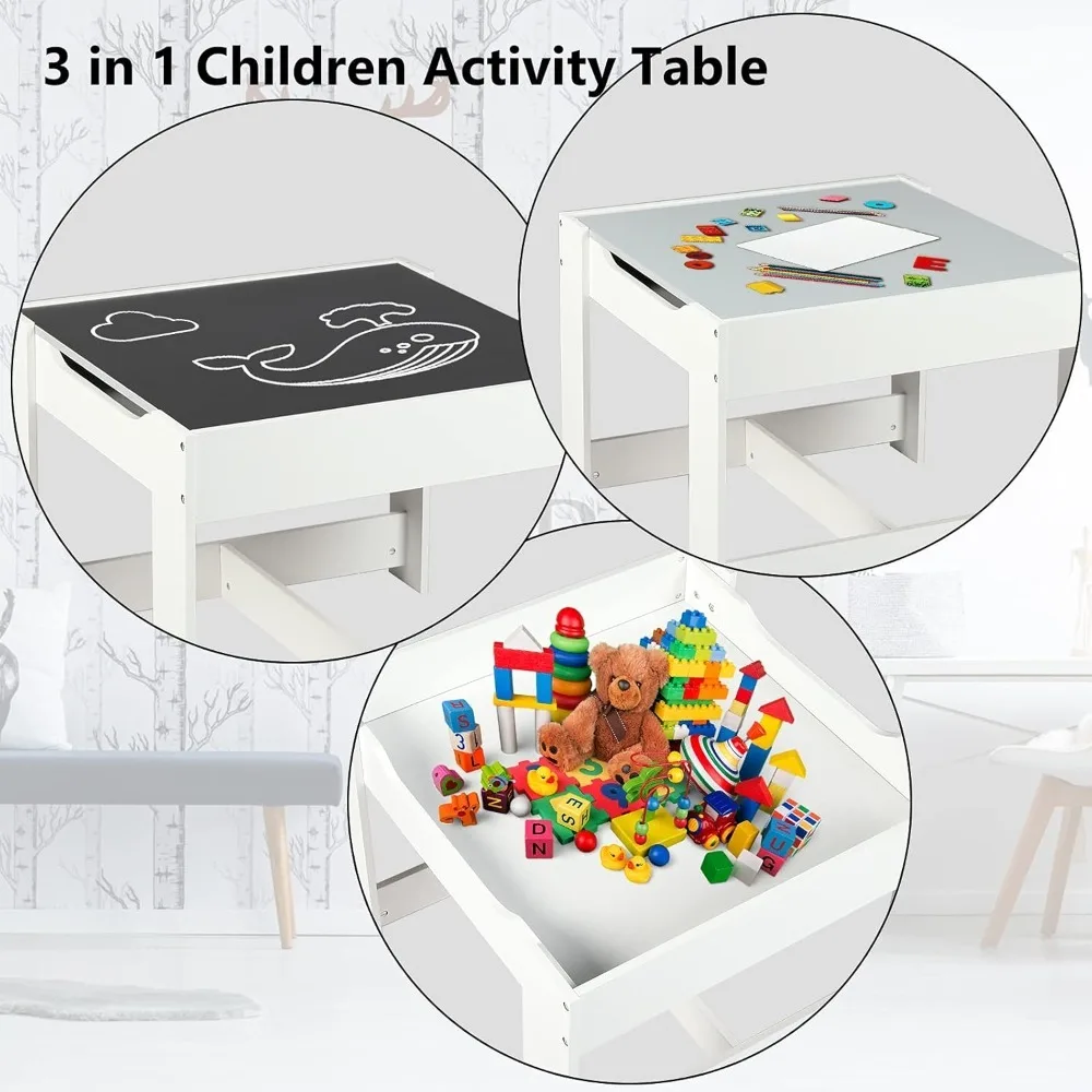 Kids Wood Table & 2 Chairs Set, 3 in 1 Children Activity Table w/Storage, Removable Tabletop, Blackboard, 3-Piece