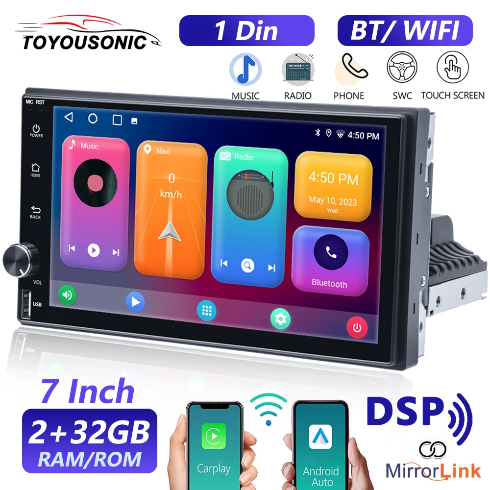 

TOYOUSONIC 1DIN 7inch Android Car Radio Carplay Android Auto BT DSP WIFI Mirror Link Touch Screen Autoradio Multimedia Player