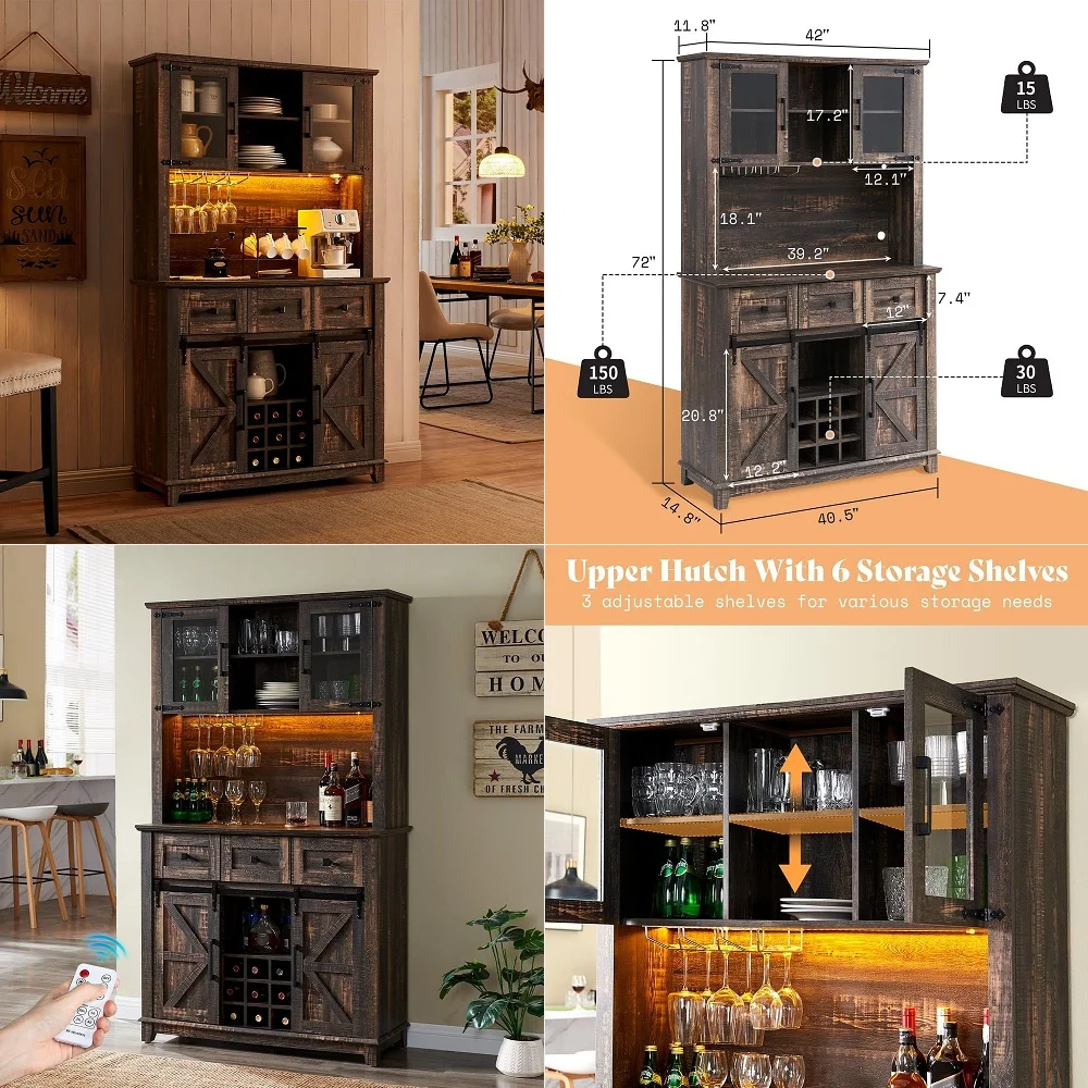 

Jagger Bar Cabinet with Wine Rack amp 8 Stemware Glass Holders, 72 Tall Liquor Coffee Bar Storage Cabinet with Adjustable Shelv