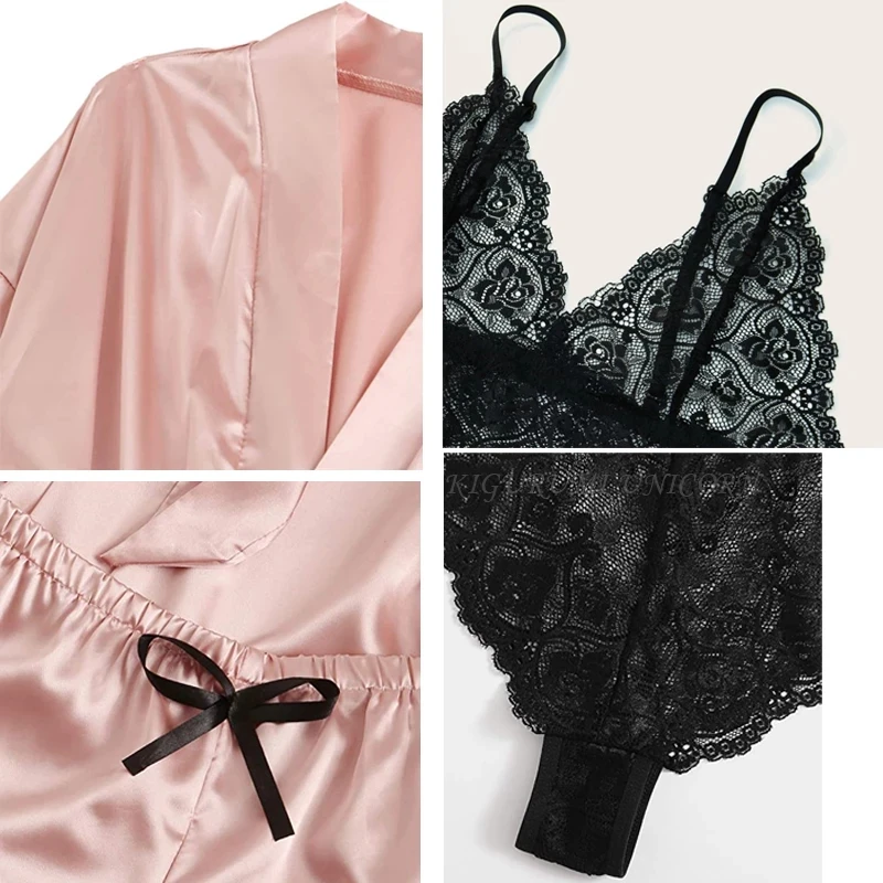 Woman Sleepwear 4pcs Floral Lace Trim Satin Pajamas Set with Robe Sexy Faux Silk Pijamas Robe Sets Casual Home Clothes Nightwear