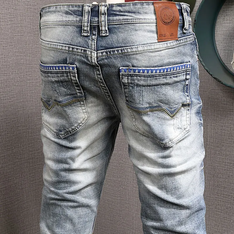 Newly Designer Fashion Men Jeans Retro Washed Blue Stretch Slim Fit Ripped Jeans Men Y2K Vintage Casual Denim Pants Hombre