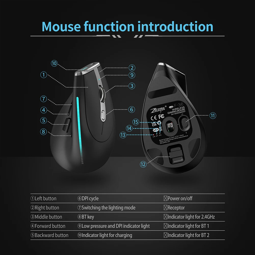 2400 DPI 8 Buttons Rechargeable Wireless Mouse F-36 2.4G Bluetooth-compatible Mice for Computer Laptop Desktop