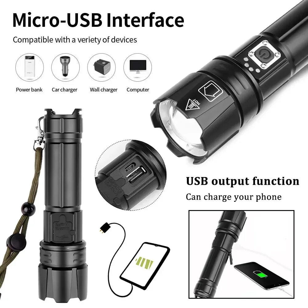 Super Bright 30WLED Flashlight Aluminum Alloy Tactical Zoom Torch USB Rechargeable Outdoor Portable Camping Emergency Flashlight