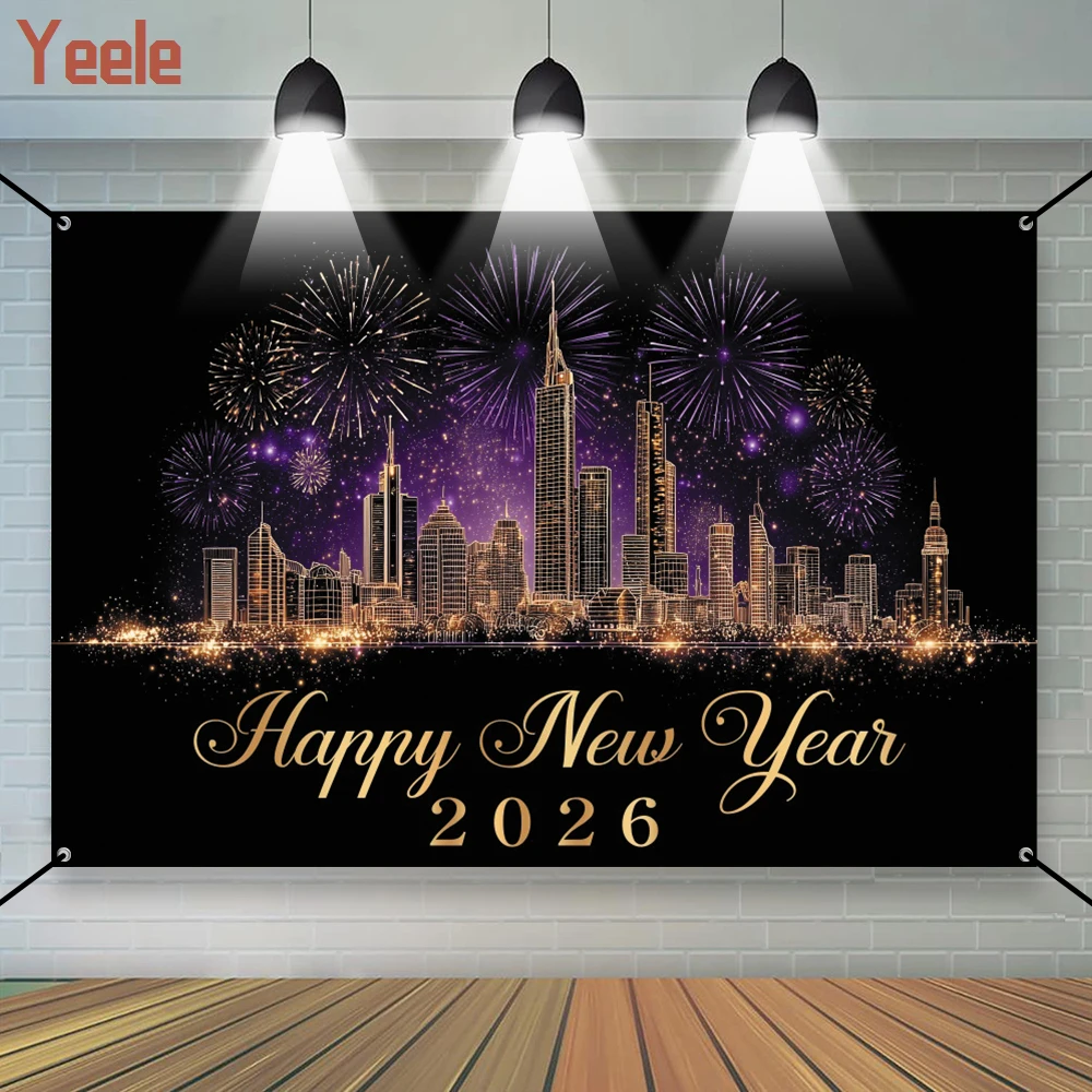 

Happy New Year 2026 Photography Background City Building Night Scenery Blossoming Firework Family Party Decor Photocall Backdrop