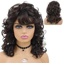 Vintage Synthetic Long Curly Wigs with Bangs Brown Black Women Wig Highlights African American Curls Wave Natural Wigs for Woman