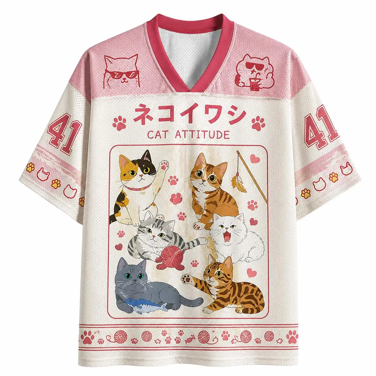 Retro Japanese Cherry‑Blossom Cat 3D Print Casual Sports V‑Neck Oversized Family Matching T‑Shirt