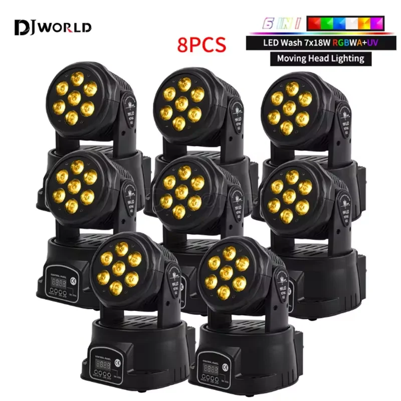 Moving Head Light LED, RGBWA e UV, 6in 1, efeito de palco profissional, 10, 15DMX lavagem, Disco, DJ, música, festa, clube de dança, 7x18W, 8pcs