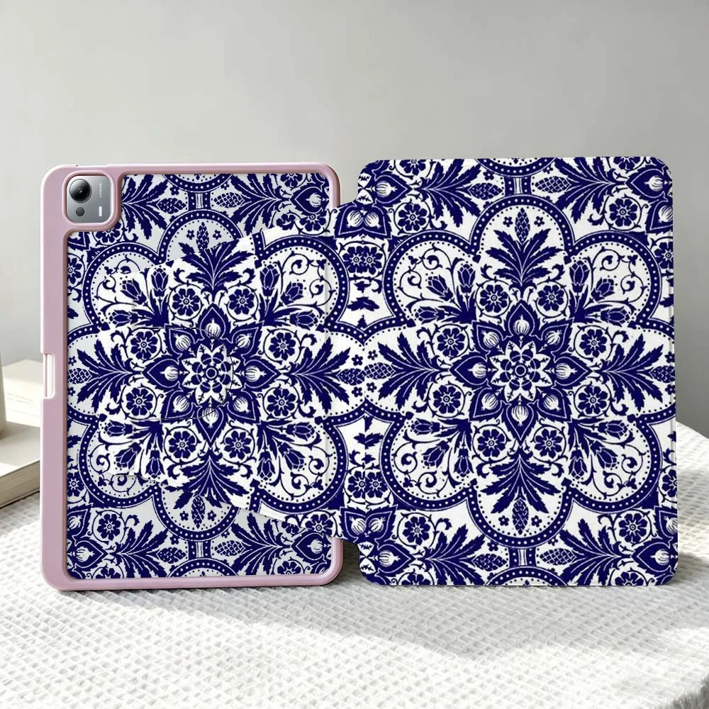 Blue Mandala Pattern Soft For Xiaomi Mi Redmi Poco Pad 8 7 7S 6 6S 5 SE Pro Ultra 360° Rotation Stylus Storage Tablet Case