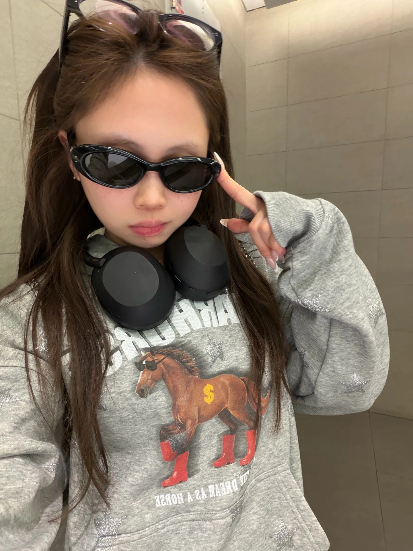 

Double Version Star Pony Print Fce Lined Hoodie Jaet Yellow Zhi Zhi ZZPtte Casual Loose Fit Long Sve Cotton Polyester