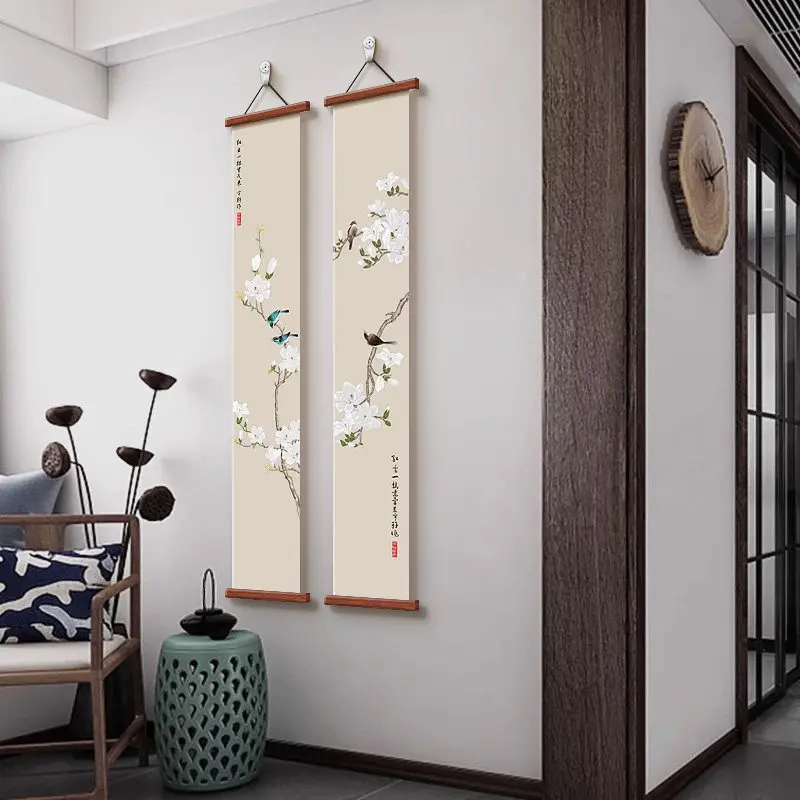 

Chinese Style Wall Art, Magnolia Flower Bird Vertical Scroll Painting for Entryway Hallway, Narrow Long Poster, Room Decoration