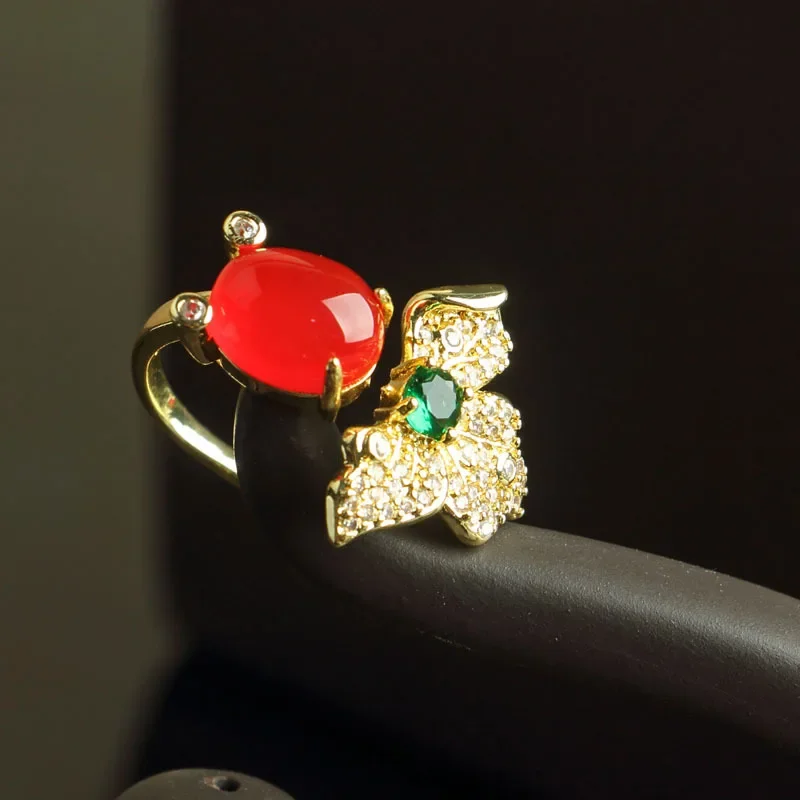 GoldEclat  Natural green chalcedony ancient gold ring imperial green luxury inlaid female ring