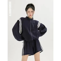 Vintage Casual College Style Set Women Summer Thin Stripe Jacket Wide Leg Shorts Sports 2pcs Sets Loose Harajuku Korean Suit New