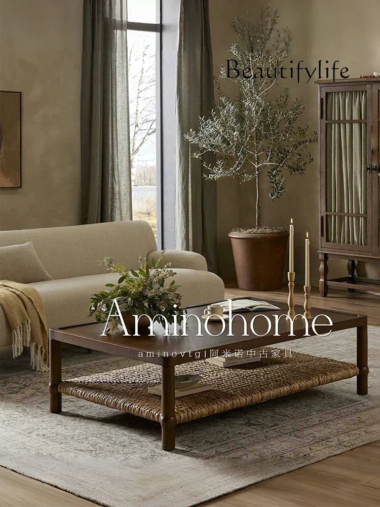 

N French vintage rattan coffee table, rectangular living room, retro wabi-sabi style, solid wood tea table, high-end sense