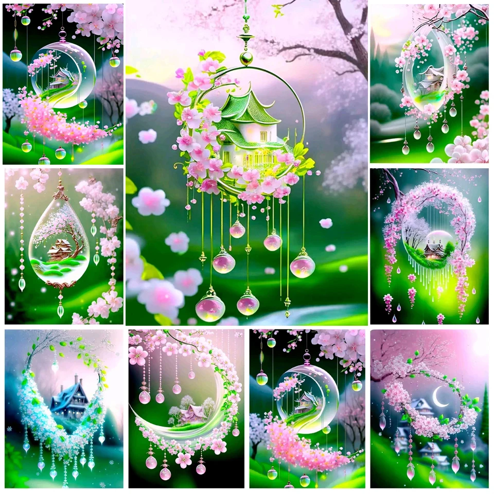 Diy Diamond Mosaic 5D Diamond Painting Fantasy Pink Wind Chime Cross Stitch Embroidery Gift Rhinestone Pictures Home Decor X1204