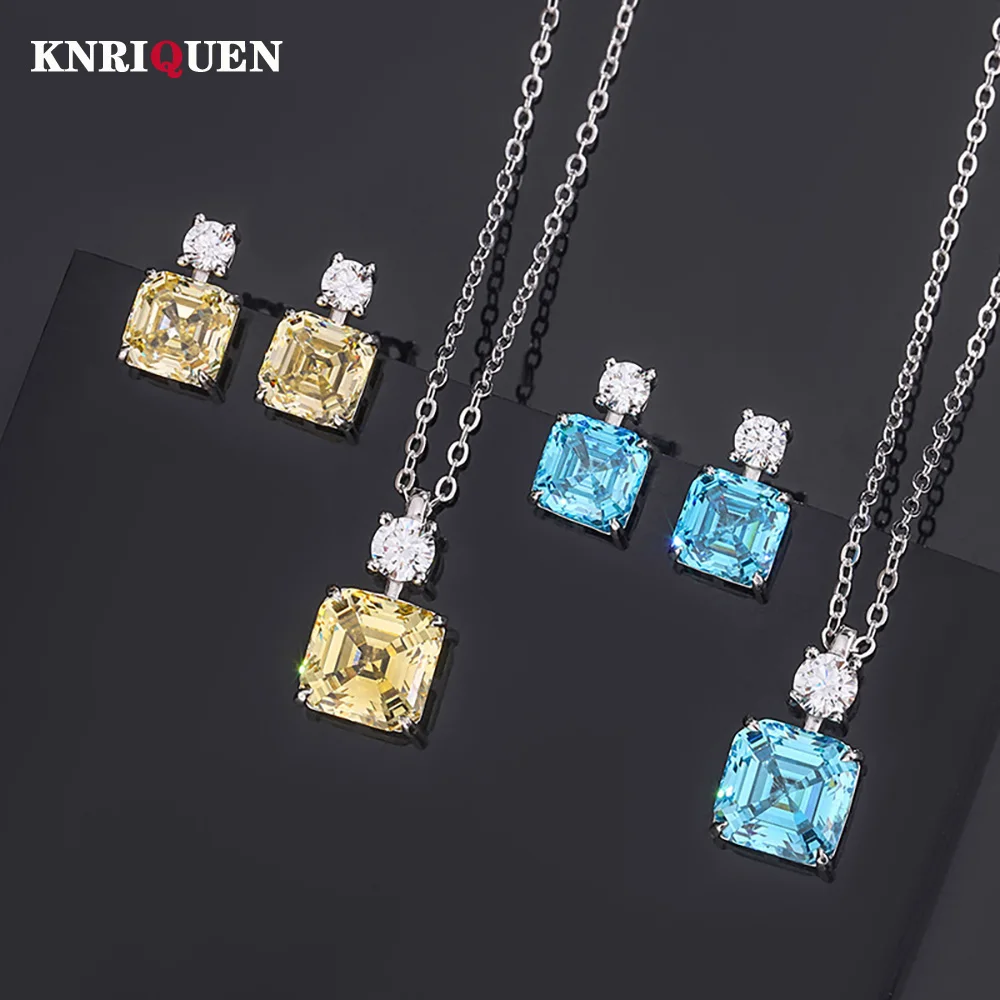 Vintage 100% 925 Sterling Silver 10*10mm Topaz Aquamarine Necklace Pendant Earrings for Women Charms Wedding Fine Jewelry Sets