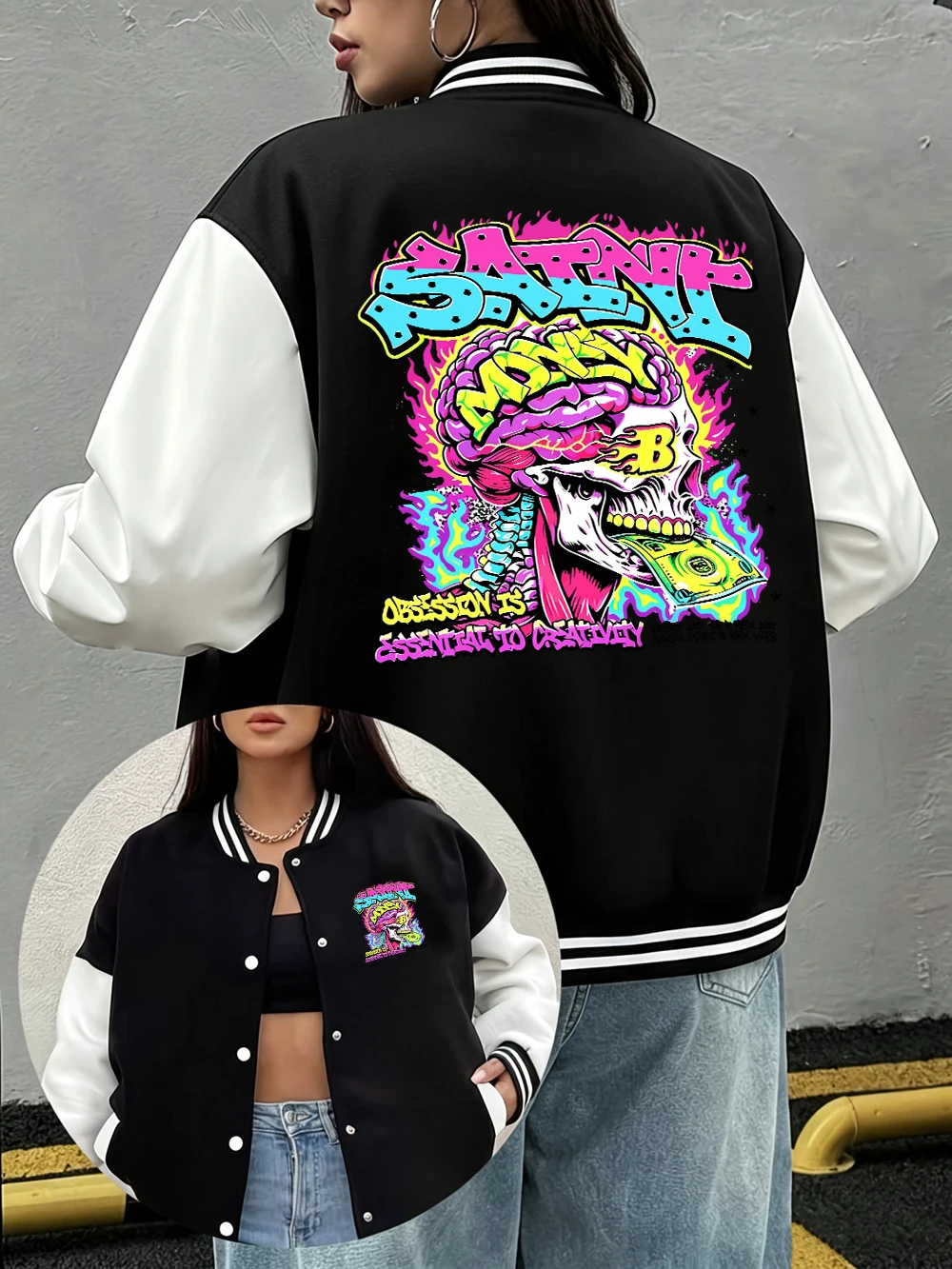 Saint Money Skull Printing Jackets Women Winter Fleece Warm Baseball Jersey Casual Pocket Comfortable Coats Street Loose Clothes