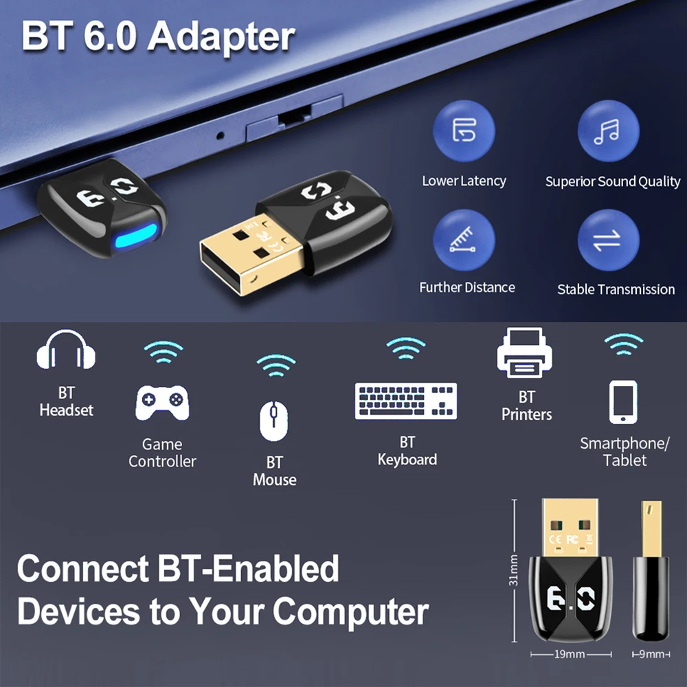 Adaptador BT 6,0 USB BT 6,0 Dongle inalámbrico BT transmisor receptor para PC altavoz ratón inalámbrico teclado