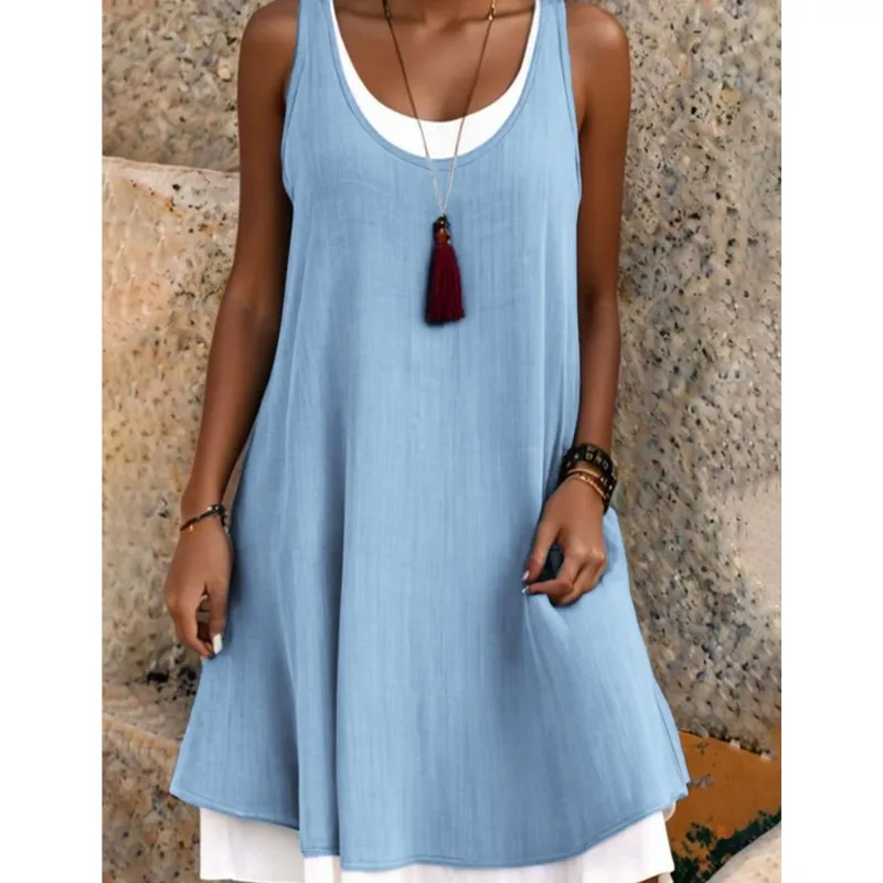 

Simple Casual Patchwork Dress for Women Summer Fashion Sleeveless Loose Solid color Dresses Female New Office Holiday Beach 2026