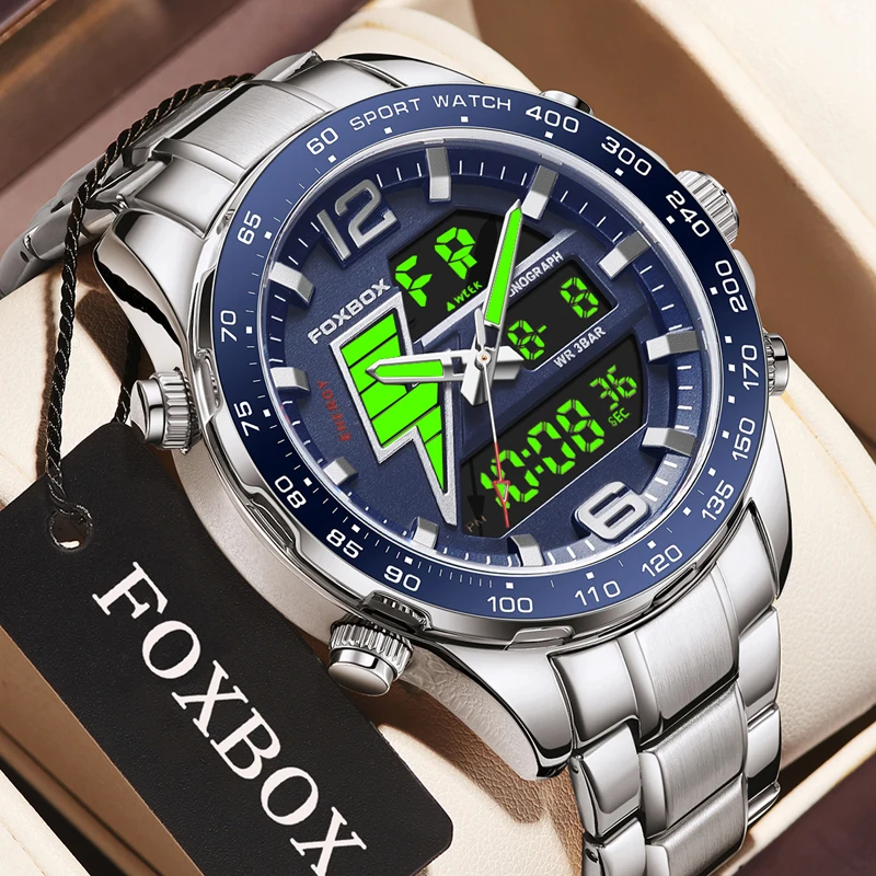 FOXBOX Luxury Original Sports Wrist Watch for Men Quartz Steel Waterproof Digital Fashion Watches Male Relogios Masculino+Box