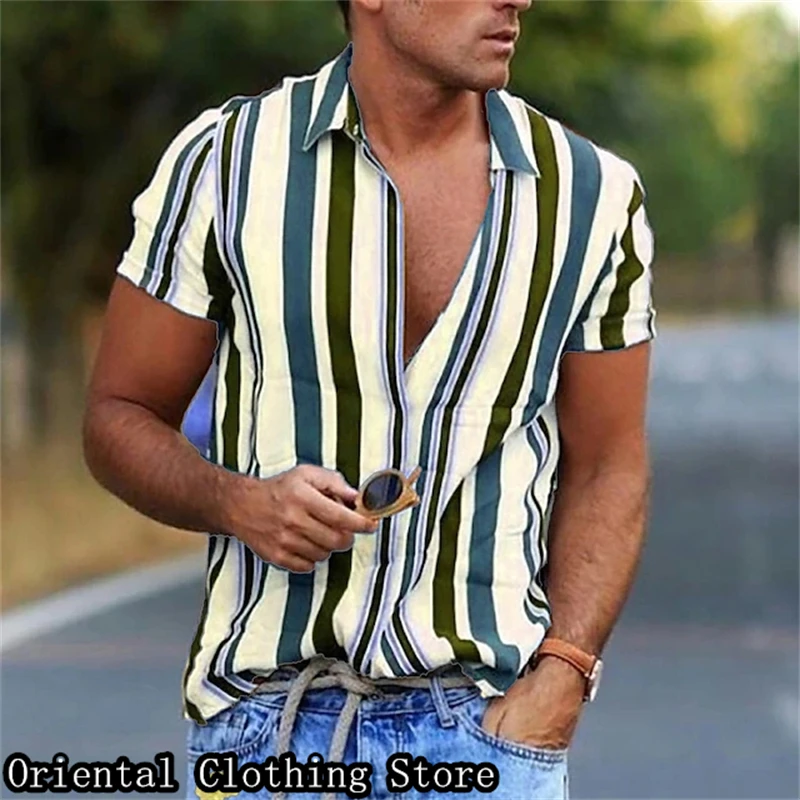 

Men's Short Sleeve Summer Shirt 3D Stripe Print Hawaii Vacation Daily Work Clothing Extra Large Size XS-5XL