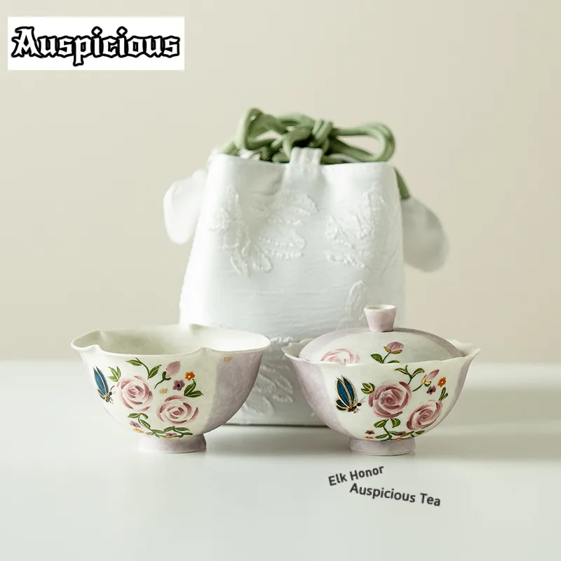 

Чистая ручная роспись, бабочка, роза, дорожный чайный сервиз, японский 1 горшок, 1 чашка, органайзер для приготовления чая, портативная сумка для пикника, принадлежности