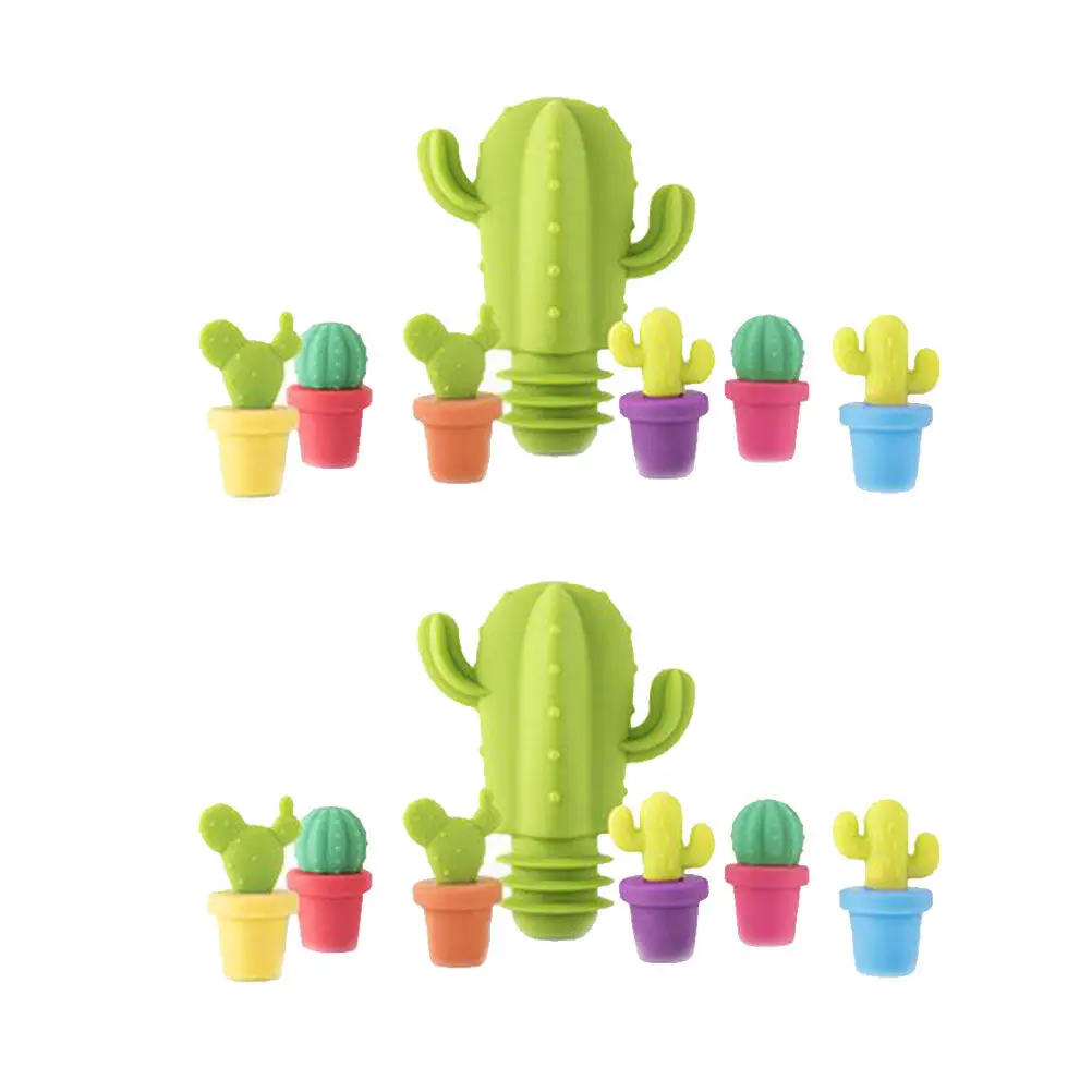 2Set Silicone Wine Bottle Stopper Cactus Shape Beverage Stopper Air-Tight Seal Drink Marker Random Color Reusable