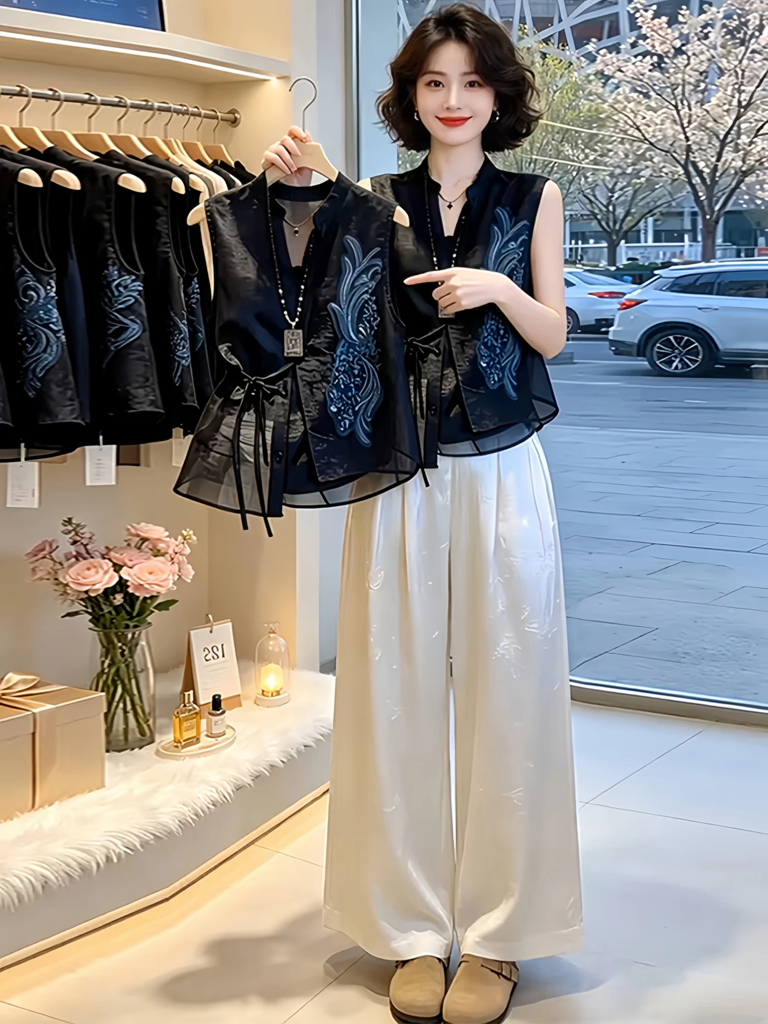 

Korean Style Heavy Embroidery Sleeveless Shirt Women's Fashion Summer New Trendy Top Casual Fit V-Neck Thin Material
