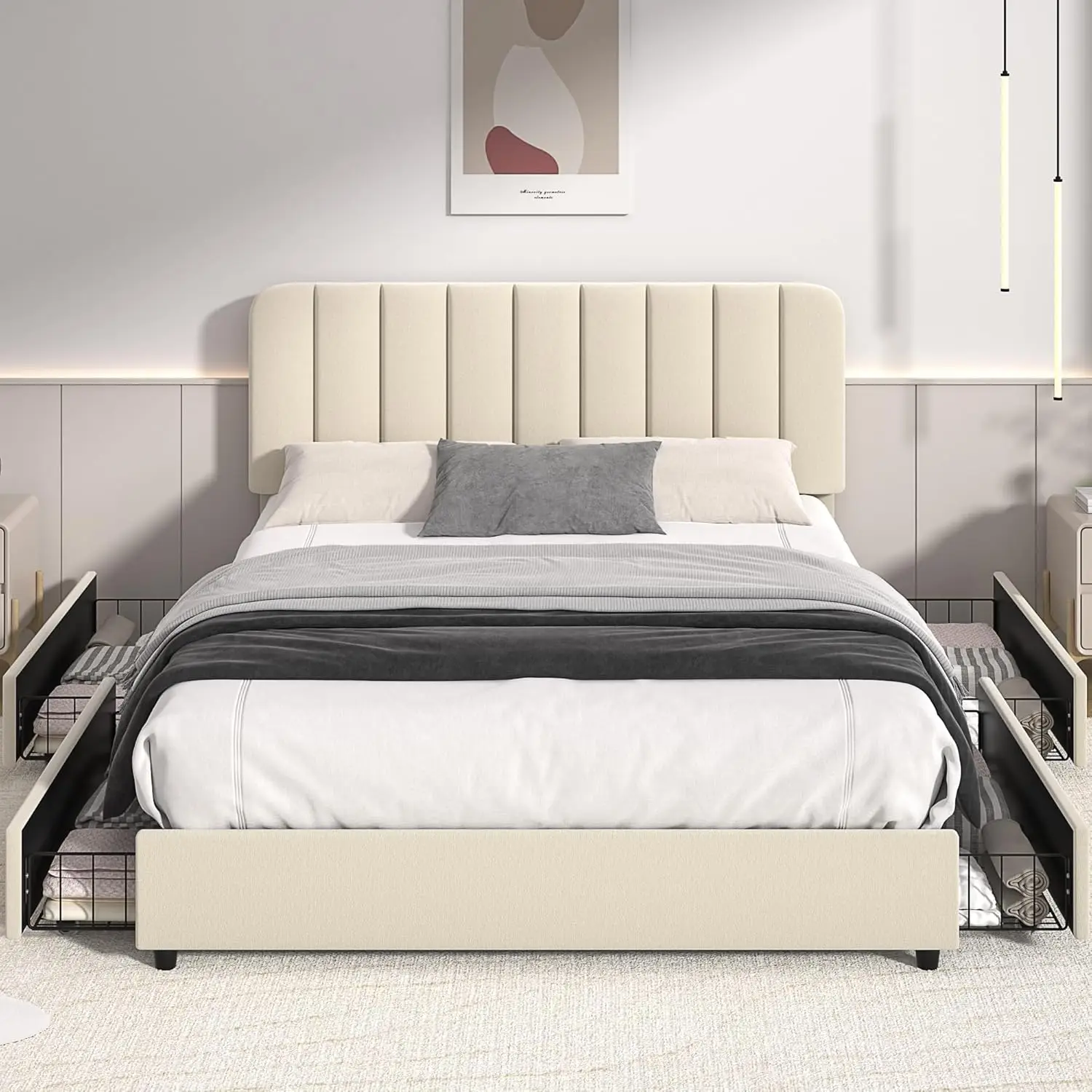 Bingkai tempat tidur berlapis kain Ukuran Queen dengan 4 laci dan Headboard yang dapat disesuaikan, rangka tempat tidur penyimpanan Platform beludru, Alas Bedak