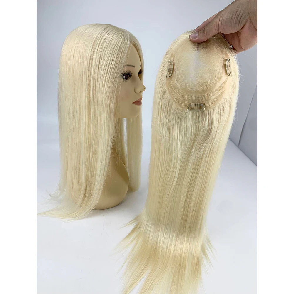 5.5x6inch Mono Women topper Hand tied 20INCH PU Virgin Human Hair Toupee Blonde Color #1001