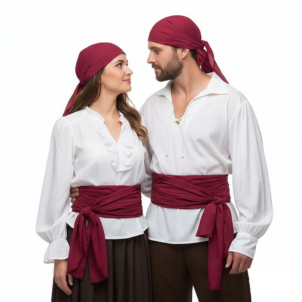 2Pcs Carnival Pirate Cosplay Hat Belt Renaissance Medieval Pirate Captain Bandana Belt Unisex Vintage Mardi Gras Halloween Props