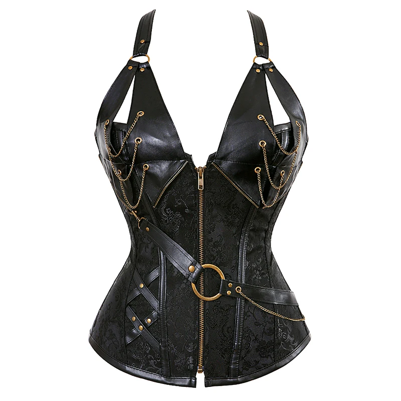 Gothic Corset Top Plus Size Steampunk Corsets for Women Goth Clothing Corset Faux Leather Corset Bustier Strapless Black