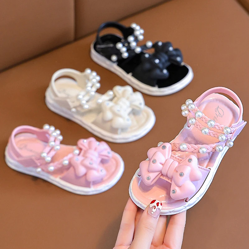 New Summer Bow Pearl Ornament Flat Sandals For Girls Aged 1-7 Children Slippers Non-slip Outdoors Seabeach Flip Flops Kids Shoes