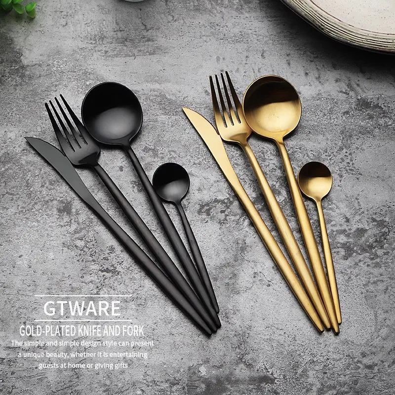 

Нержавеющая сталь 304, золотой цвет, посуда в стиле вестерн, нож для стейка, вилка, ложка, набор из трех предметов, европейский стиль, кофейная ложка специального назначения