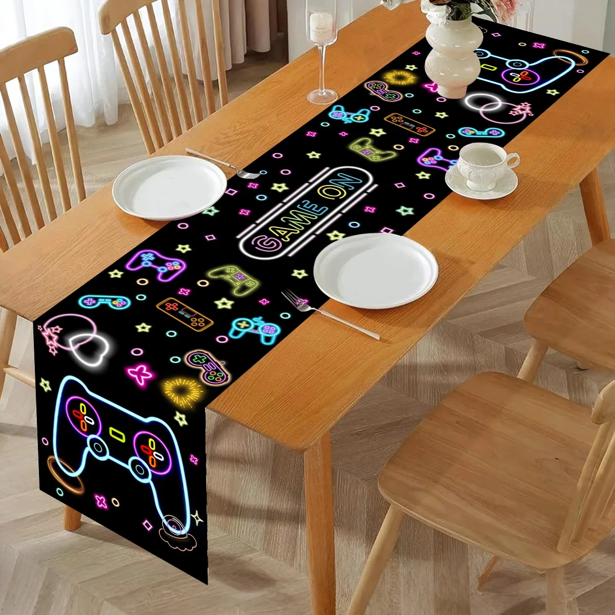 Camino de Mesa de Poliéster con Diseño de Videojuegos de Neón, Mantel Fluorescente con Estampado de Videojuegos de Nintendo para Fiestas Familiares y Cumpleaños