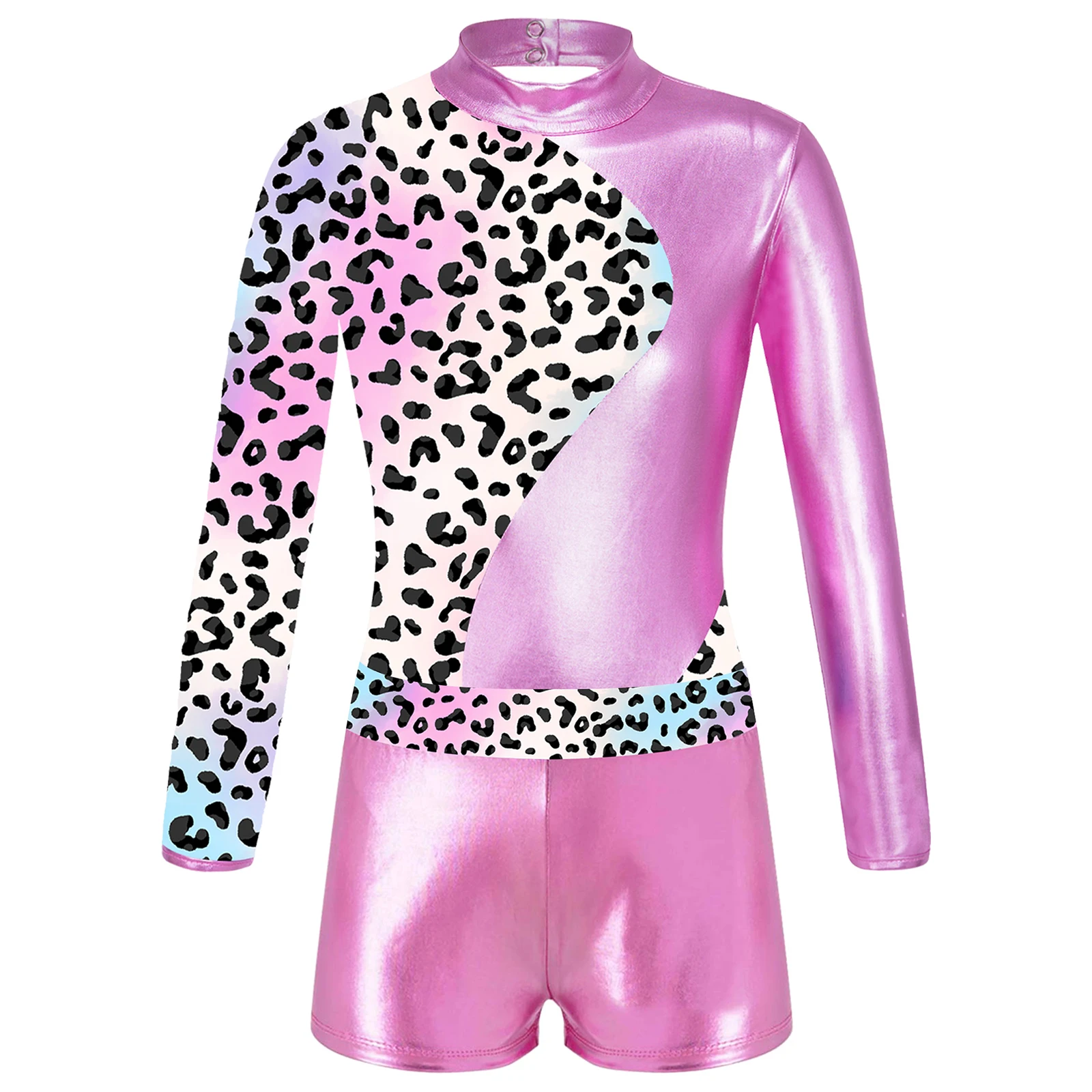 Kids Girls Ballet Dance Gymnastic Leotard Long Sleeve Print Bodysuit with Shorts for Skating Stage Performace Sports Swimwear