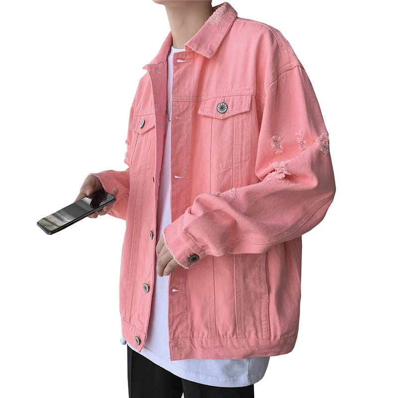 New Autumn Men\'s Jeans Jackets Slim Fit Cotton Denim Jacket Red White Black Ripped Hole Jean Coats Mens Outwear Plus size M-5XL