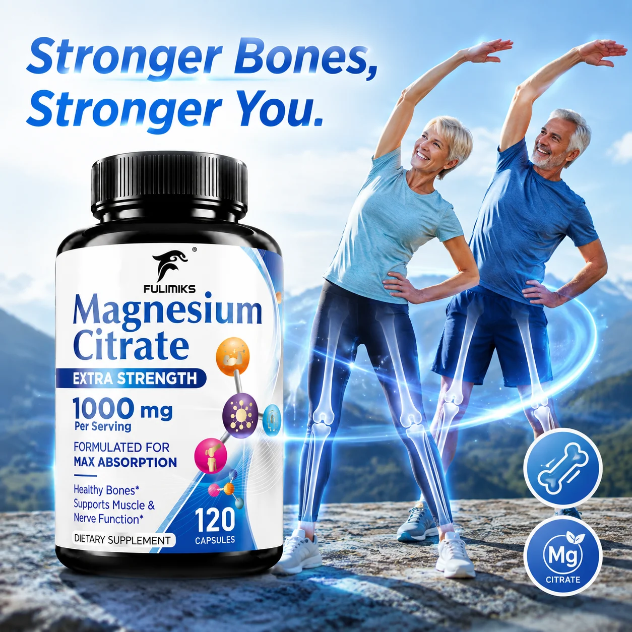 Magnesium Citrate Supplement, 1000mg, Max Absorption, for Heart, Muscle, Nerve, Bone Health & Stress Relief, Non-GMO,Gluten-Free