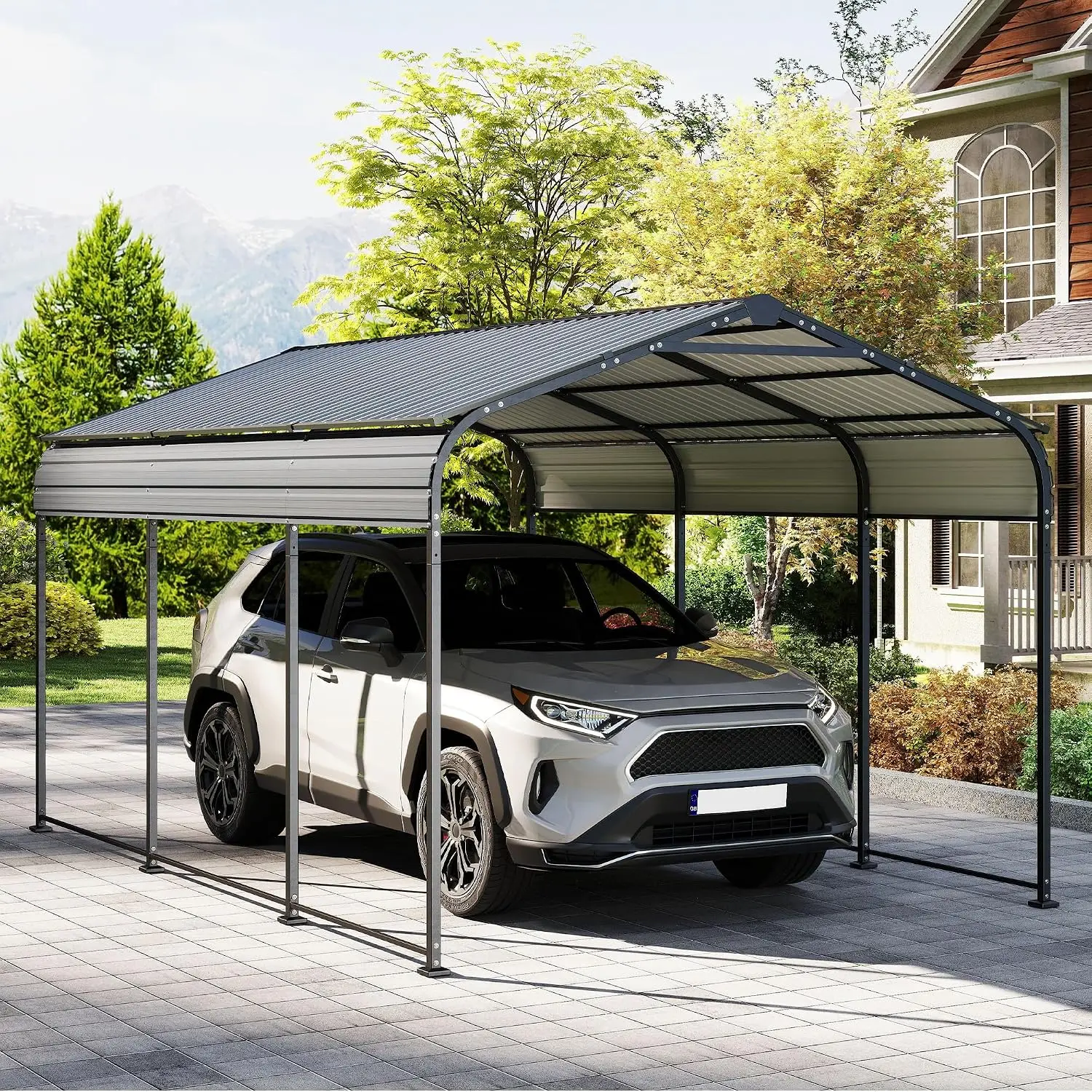 10x15 FT Vertical Stripe Galvanized Steel Carport Gray Heavy Duty All-Weather Outdoor Storage Trucks Boats, Customized