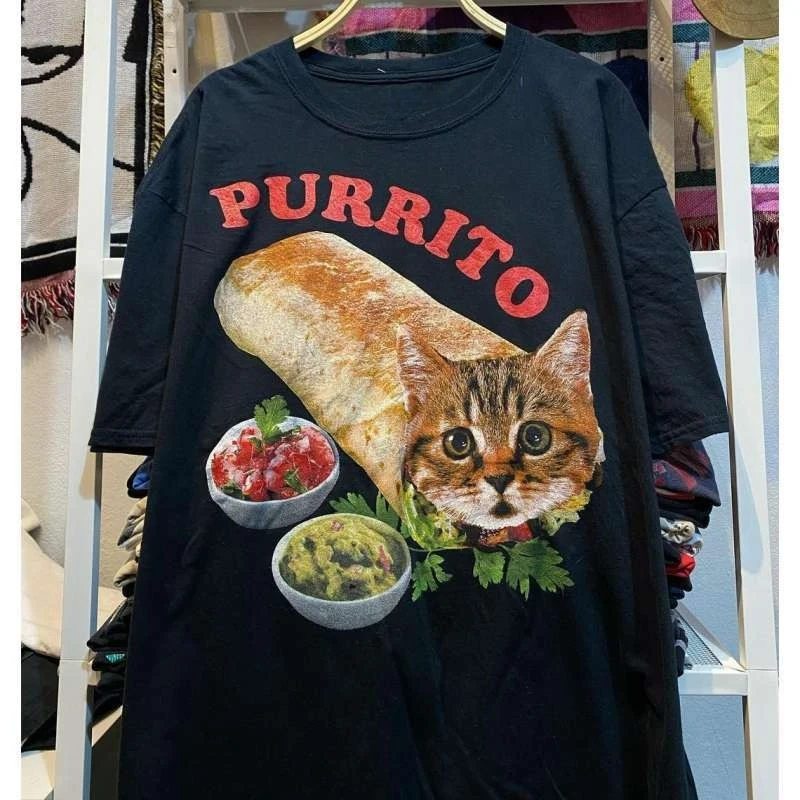

European and American Street Style Vintage Mexican Cat Roll Tattoo West Coast Couple Trendy Men's Women's Short-sleeved T-shirt