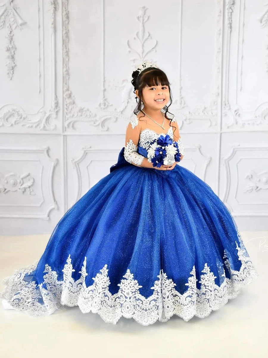 Robe de Rhprincesse bleue pour filles, olympiques de Rhde première communion, nœud de fleurs, manches longues, appliques en dentelle plissée