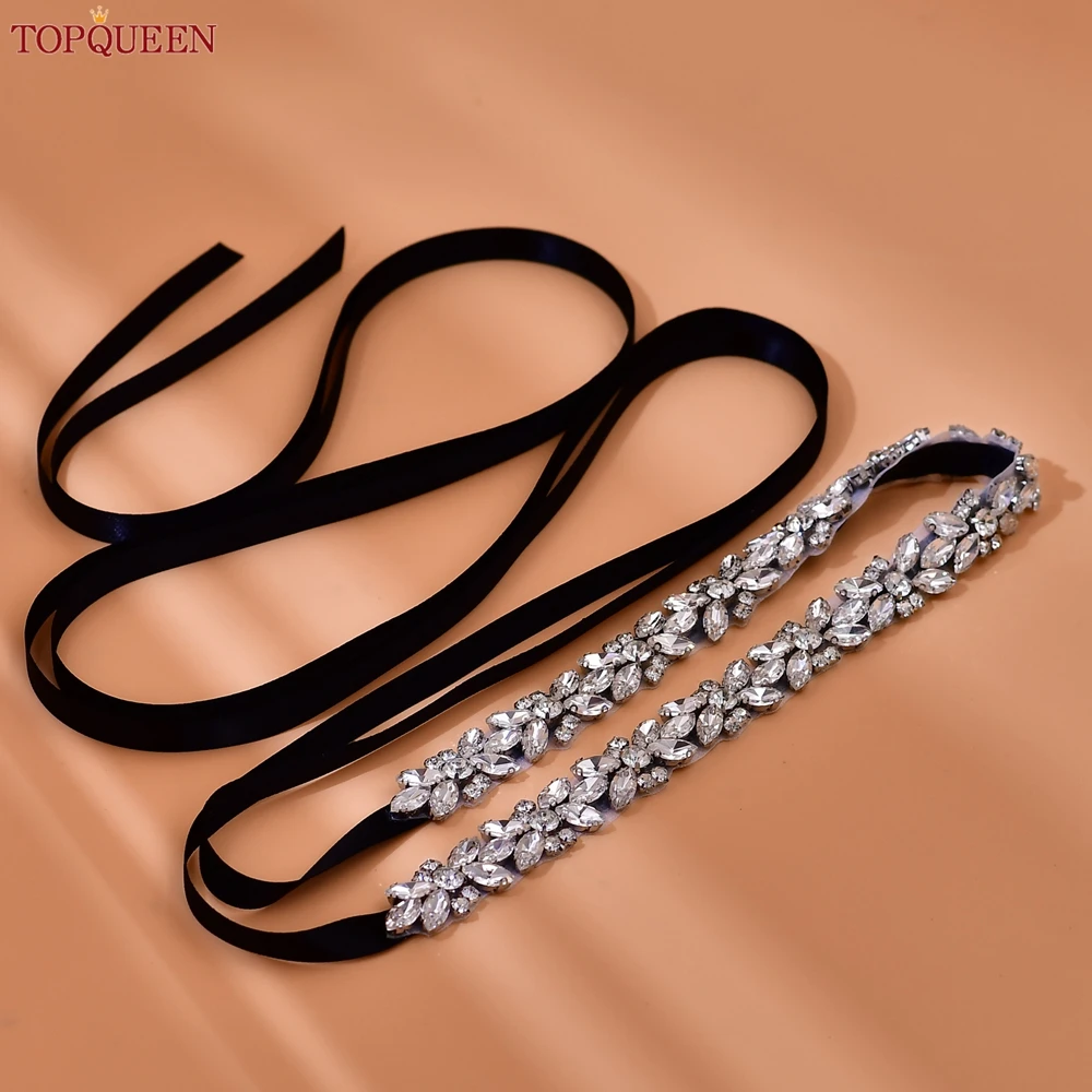 TOPQUEEN Luxury Wedding Belt Silver Rhinestone for Women Dresses Bridal Decoration Thin Ribbon for Bridesmaids Sparkly S16