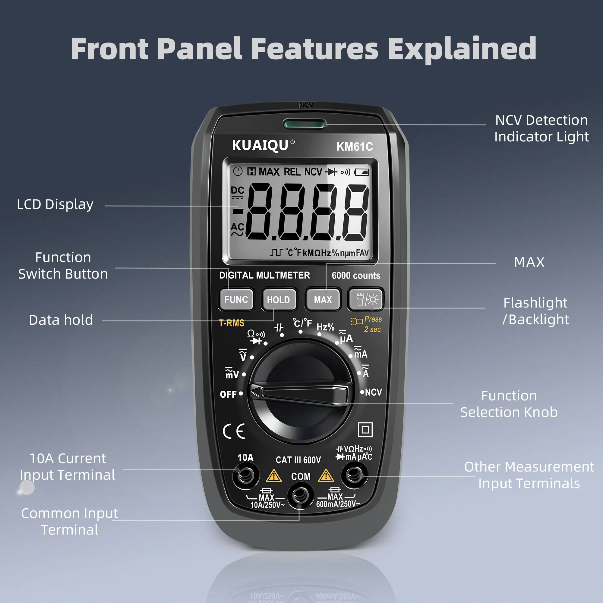 KUAIQU KM61C Digital Multimeter 6000 Counts Smart Professional Tester 600V 10A True RMS Auto Range AC DC Ohm Hz Capacitance