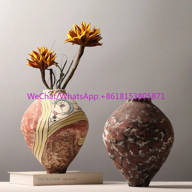 Wabi Sansan pottery vase ornament, high-end Chinese antique ceramic living room flower arrangement