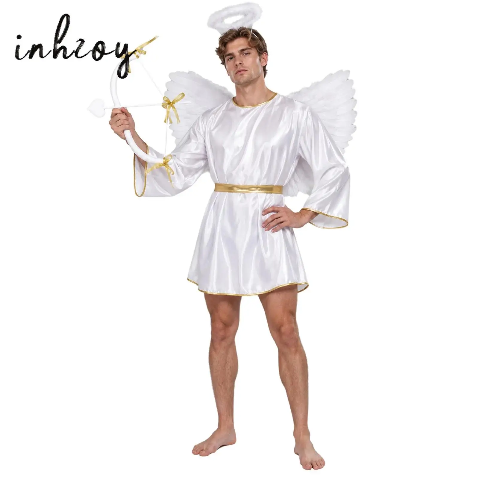 Disfraz de ángel para hombre, con detalles dorados, cuello redondo, mangas con forma de alas de murciélago, túnica, alas de plumas, tocado y juego de arco y flecha, ideal para fiestas de Halloween.